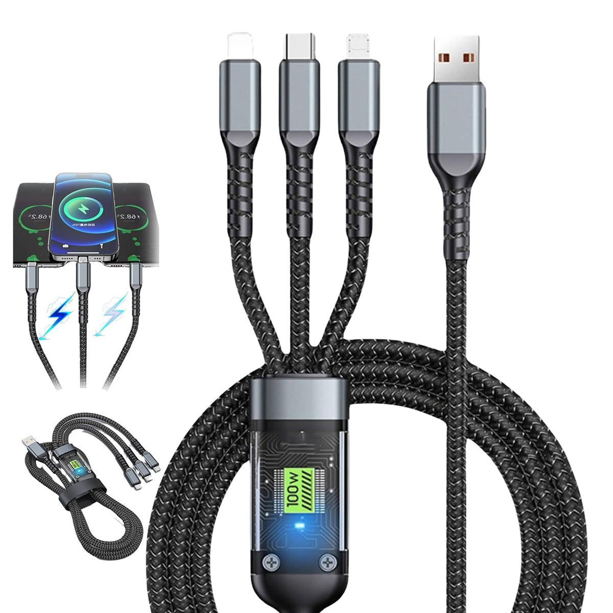 Charge Smarter with the 3-in-1 Super Fast Charging Cable: 100W Multifunctional Nylon Braided Cord for All Devices in India