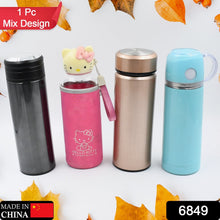 Thermos with sleek stainless steel design.