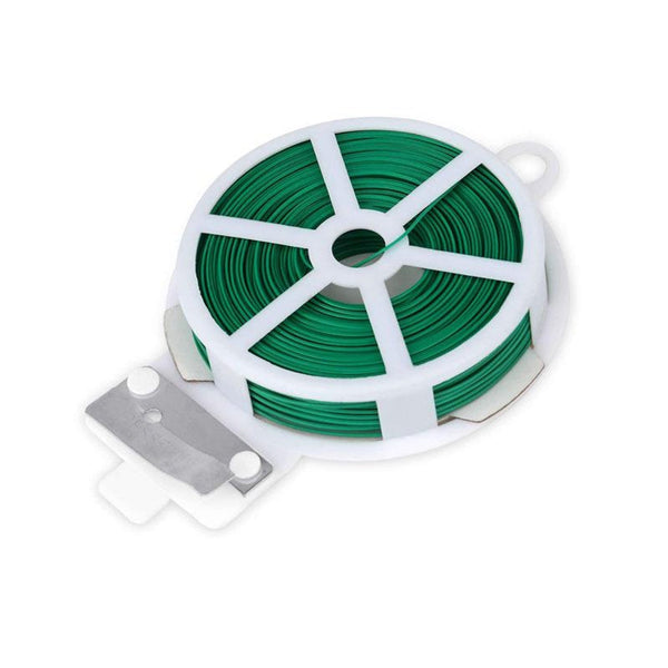 Plastic twist tie wire spool with cutter for garden use.