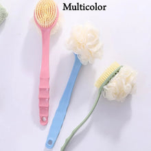 Long handle bath brush, 2-in-1 design for effective use.