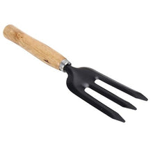 Steel weeding fork with black grip.